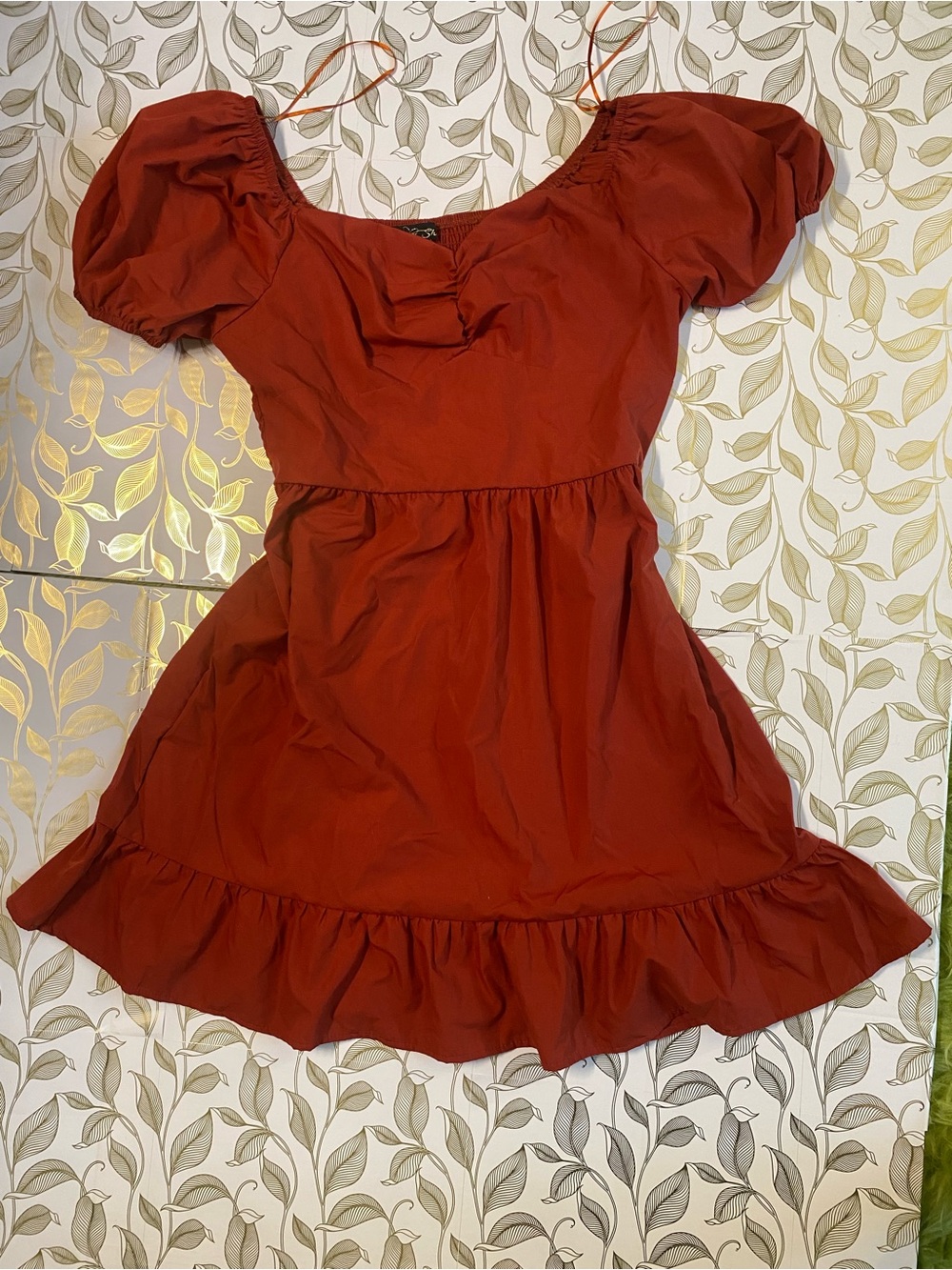 Rust Red Puff-Sleeve Women’s Dress